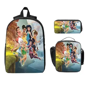 Tinker Bell & Fairies 3PCS Backpack Set, Durable 600D Oxford Cloth School Bag with Lunch Box & Pencil Case Combo, Adjustable Breathable Strap, Fits 15in Laptop for Kids Teens School Travel Outdoor