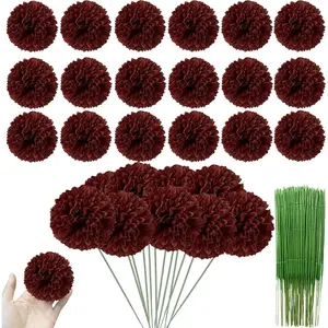 30 Pcs Artificial Chrysanthemums Heads Ball Flowers,Silk Chrysanthemum Ball Bouquet White Bouquets Hydrangea for Home Office Coffee Parties and Wedding (Dark Red)