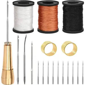 19 count Portable Canvas Leather Sewing Awl and  Kit With Nylon Waxed Cord Thread Thimble Assortment, Copper Handle Tools for Leather, Shoe and Repair