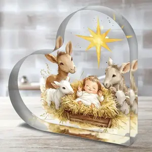 Heart-Shaped Acrylic Nativity Scene Ornament, Elegant Home & Office Decor, Perfect for Easter, Christmas, Religious Gifts