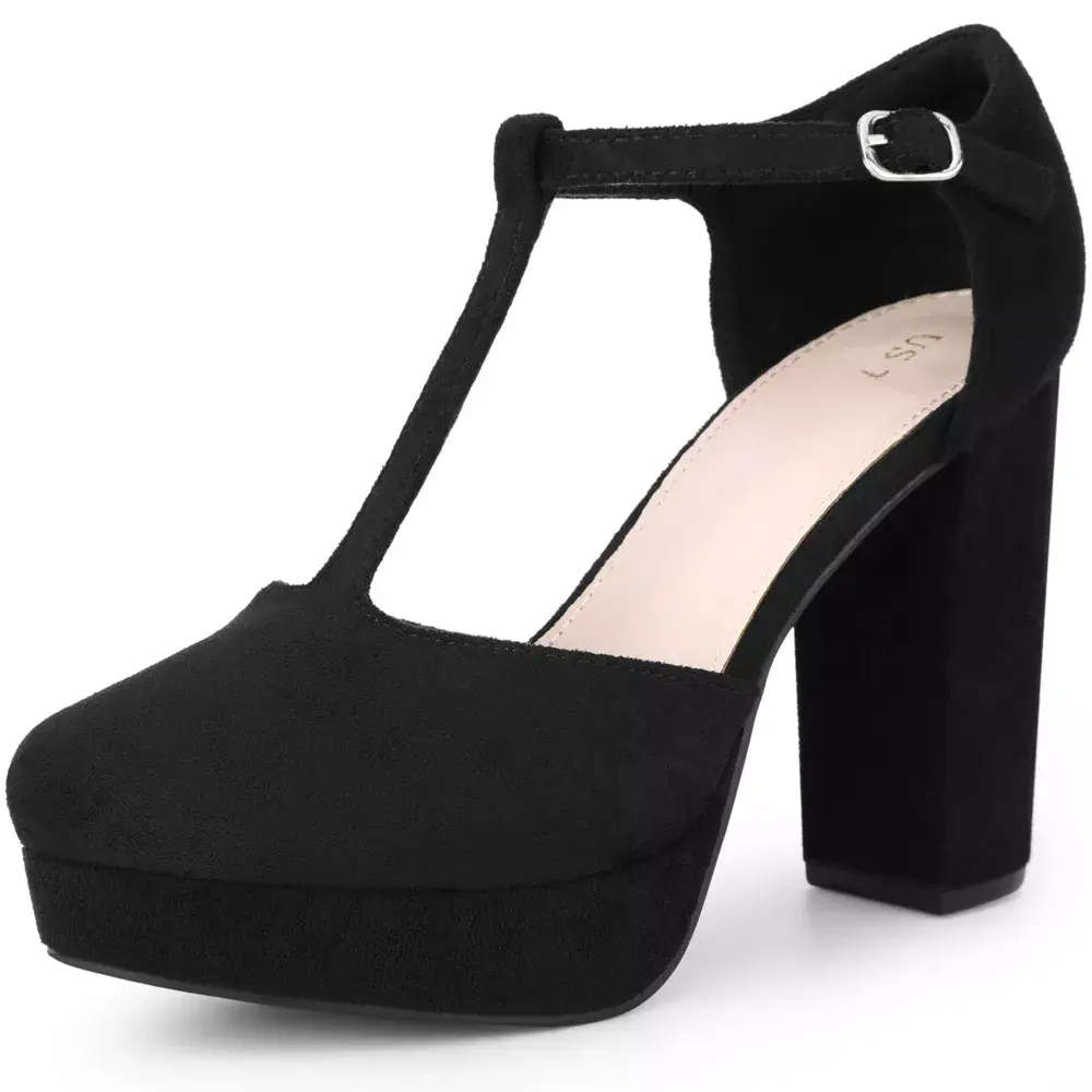 BLISSFUL STEP Women's Chunky Heel Platform T-Strap Mary Janes Heels Pumps 7 Black, Block Heels, Platform Pumps