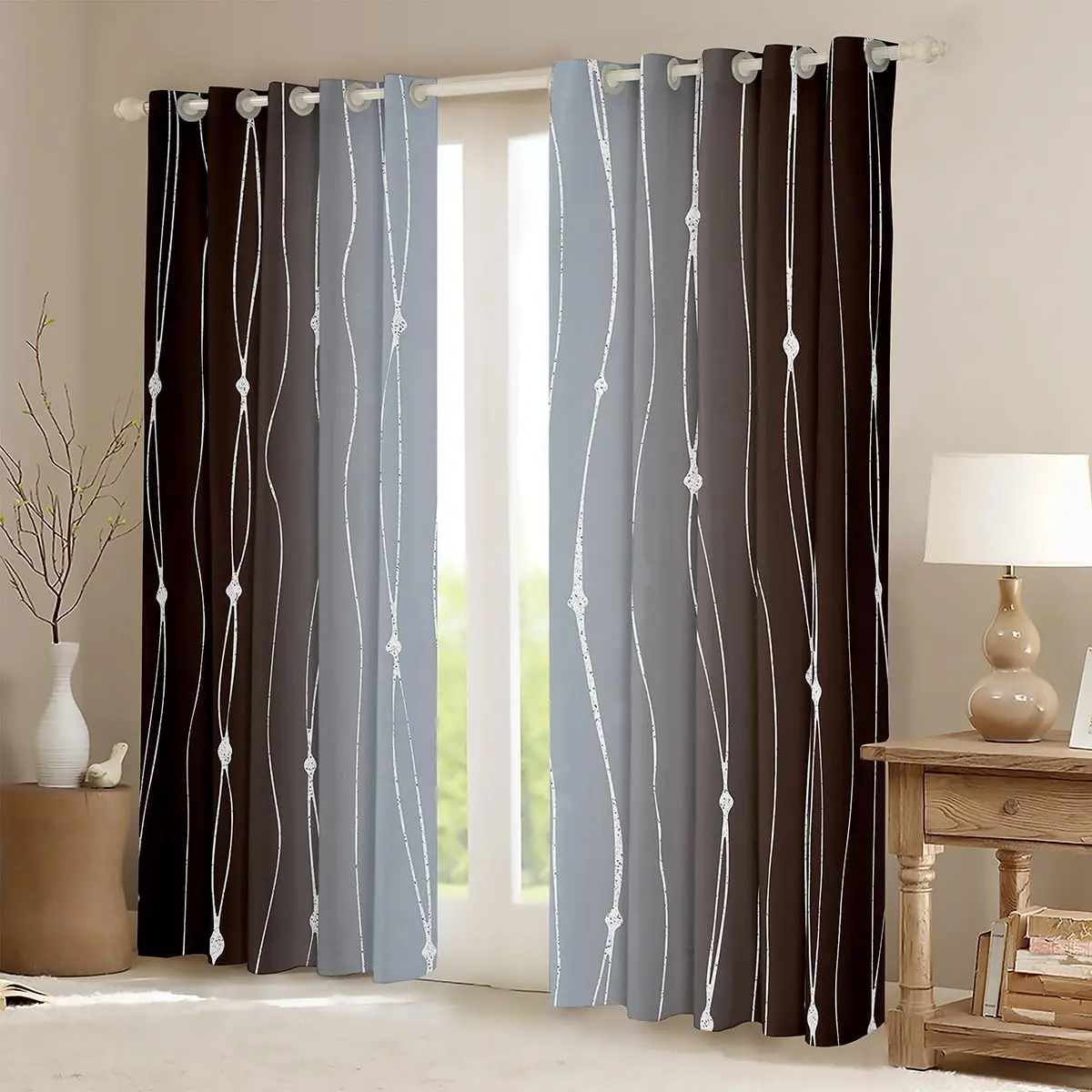 Brown and Grey Gradient Curtains Gray Brown Watercolor Blackout Curtains,Lines Curtains & Drapes Ombre Stripe Bedroom Curtains,Modern Abstract Aesthetic Window Treatments