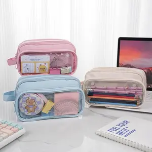 Large Capacity Transparent Canvas Pencil Case, Cute Visible Pen Bag, DIY Decorative Multi-Functional Stationery Storage Bag, Office Stationery Supplies