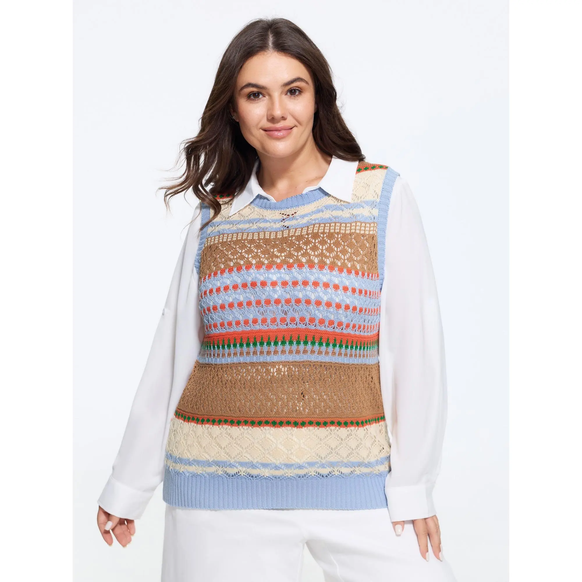 BLOOMCHIC Women's Plus Size Multicolor Striped Hollow Crew Neck Knit Sweater Vest - Fabric Garment with Sleeveless Fit, Sizes M-6X, 2026 Summer Finds