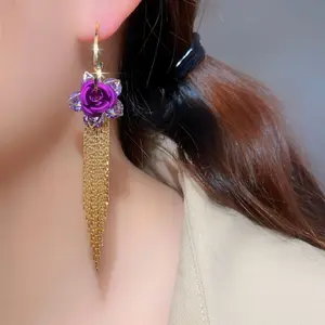High-end Rose Flower Long Tassel Earrings Fashion  Needle Elegant Light Luxury Versatile Earrings for Women E50003-EH