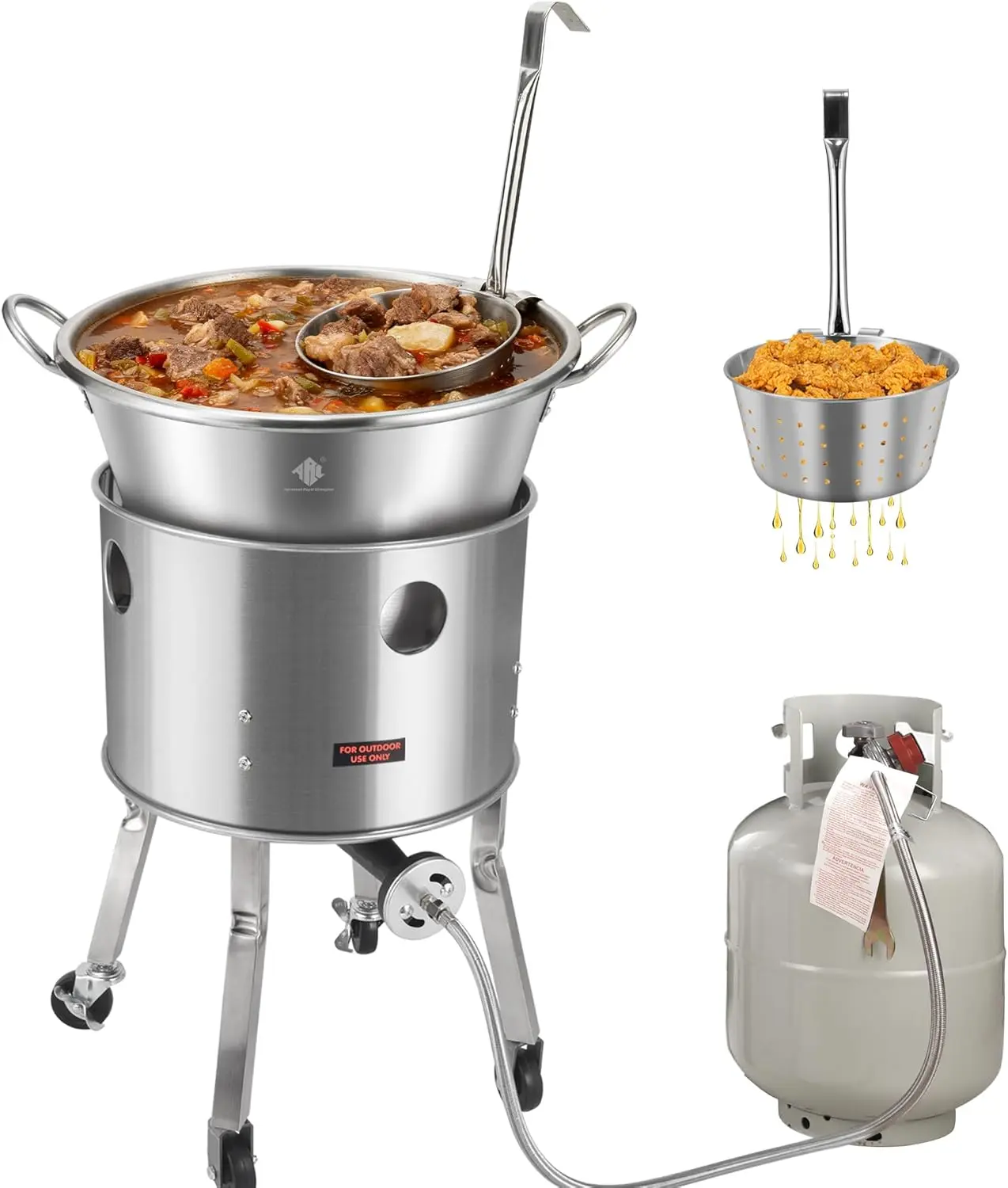 ARC Stainless Steel 200,000BTU Propane Burner and 41qt Outdoor Wok Set with Wheeled Legs, 21 Inches Heavy Duty Mexican Cazo Para Carnitas With 11.8" Fry Strainer Basket, Great for Carnitas Braising