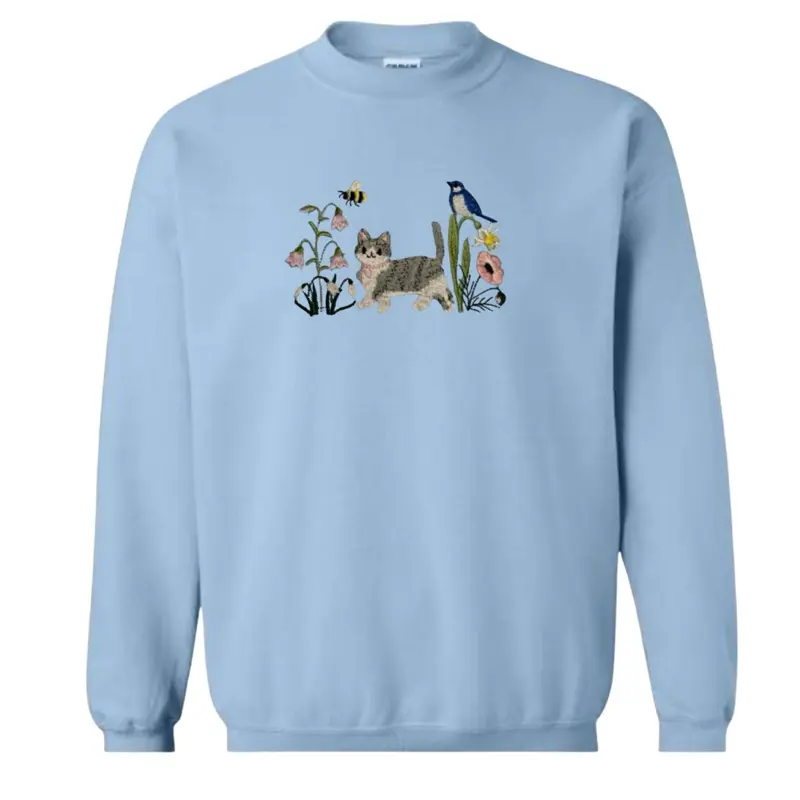 Spring meadow GREY AND WHITE cat embroidered sweatshirt Spring meadow GREY AND WHITE cat embroidered sweatshirt