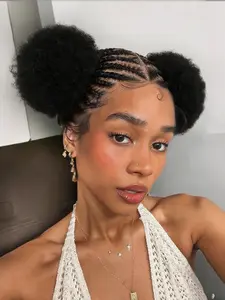 Cute V-Part Braided Puff Wig with Baby Hair, Handmade Cornrow Braided Wig, Breathable Adjustable Cap, Natural Hairline Synthetic Curly Wig, Hand Tied Wig