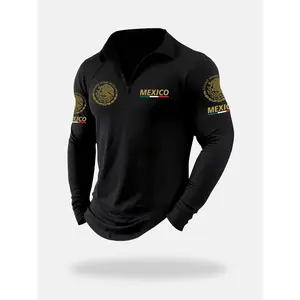 Men's Mexico National Emblem Printed Long Sleeve Polo Shirt, Breathable Comfort, Casual Sports, Fitted Quarter-Zip Athletic Top, All Seasons Wear