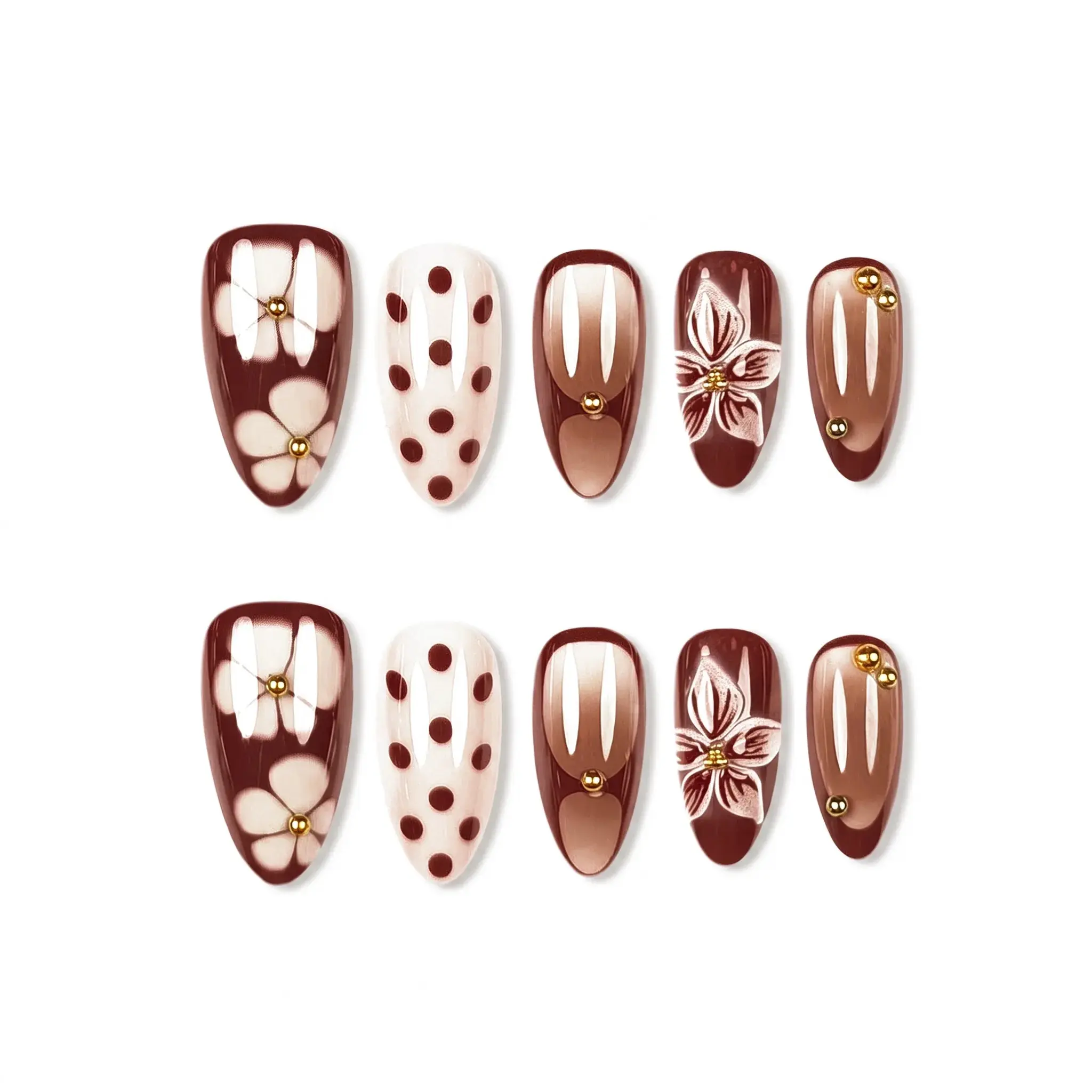 GlossyMuse Medium Size Fall Luxe Mocha Press-on Nails - Fall Nail Inspo, Almond Brown, 3D Flower Polka Dot, Full Cover Thick Gel-Cured Reusable Acrylic Glue-on Pieces with Gold Beads, Women's Autumn Gift, 24 Pcs