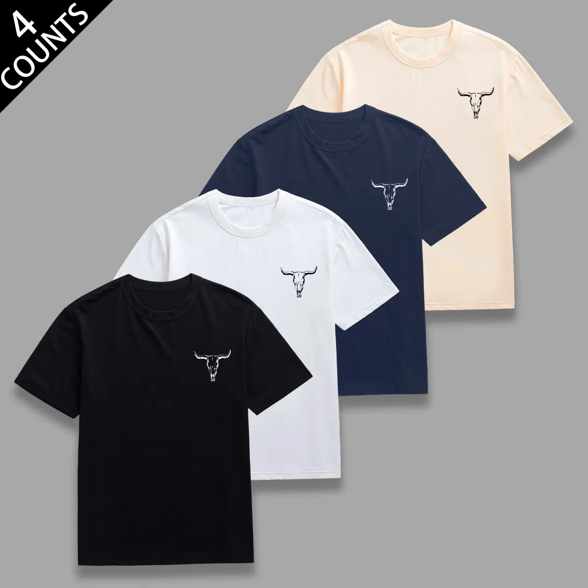 Men's 4-Piece T-Shirt Set, Soft Plain Tees with Bull Head Graphic, Fitted Round Neck Streetwear for Casual Outings, Chic