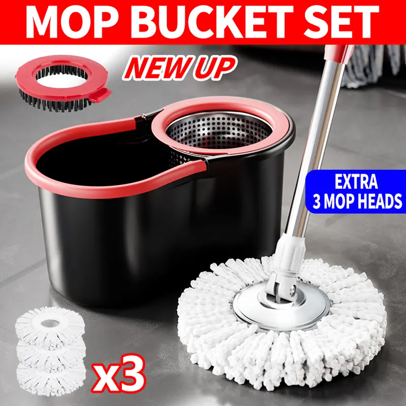 Mop And Bucket Set with 360° Rotatable Mop 3 Microfiber Heads 61-Inch Adjustable Handle Efficient Cleaning Supplies