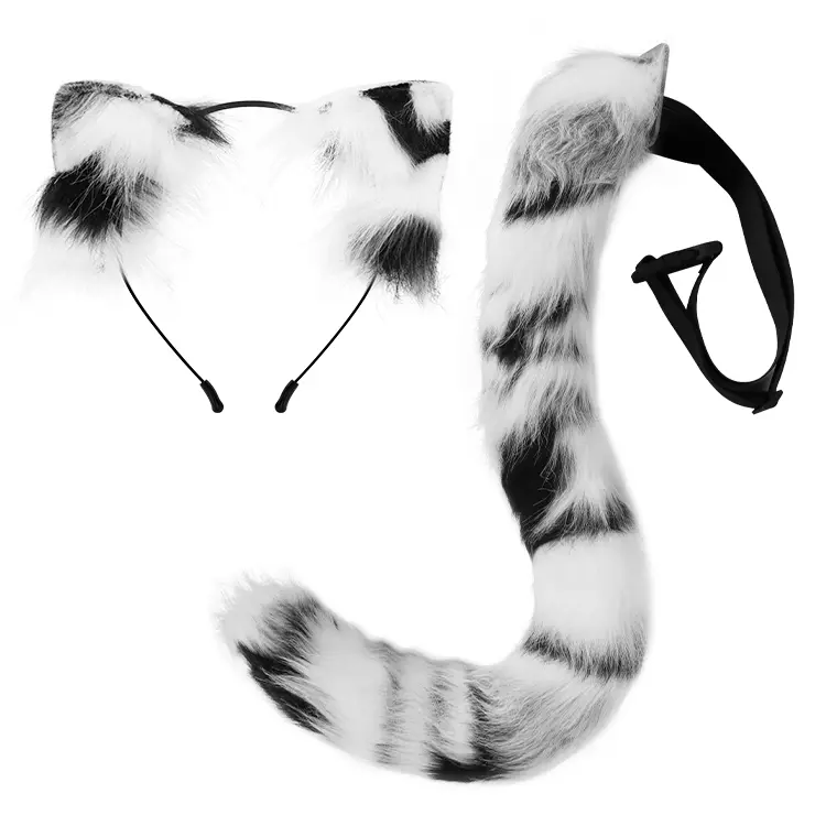Fluffy Black & White Cat Ears and Tail Set – Cosplay Costume Accessory Kit for Anime, Party, Halloween Womenswear Adjustable Clothes Comfortable Lightweight Soft Headband Cute Elastic Fits