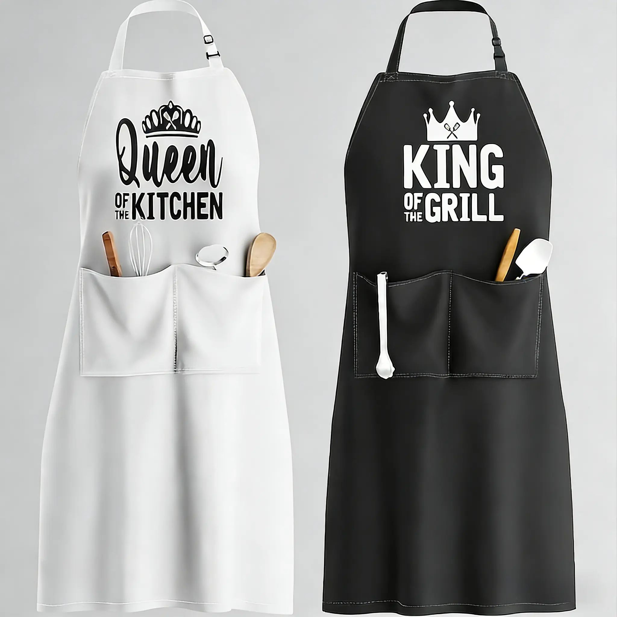 Adjustable couple's apron with letter design, perfect for holidays, home use, and kitchen. Adjustable couple's apron with letter design, perfect for holidays, home use, and kitchen.