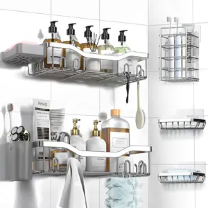Shower Caddy Adhesive Shower Organizer 7-Pack, Rustproof Stainless Steel Bathroom Shelves, Large Capacity No-Drill Rack Storage Accessories with Soap Dish Toothbrush Holder Hooks