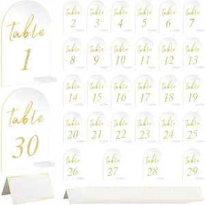 30 Sets Arch Wedding Table Numbers with Stands  Printed 1-30 Table Signs Clear  Table Number Display Stand for Wedding Reception Party Centerpieces Decor (4 x 6 Inch)