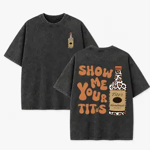 Funny Vodka Lover Graphic T-Shirt, Vintage Washed Double-Sided Cotton Tee, Leopard Print Inspired Party Shirt, Loose Fit Casual Streetwear Top for Men and Women
