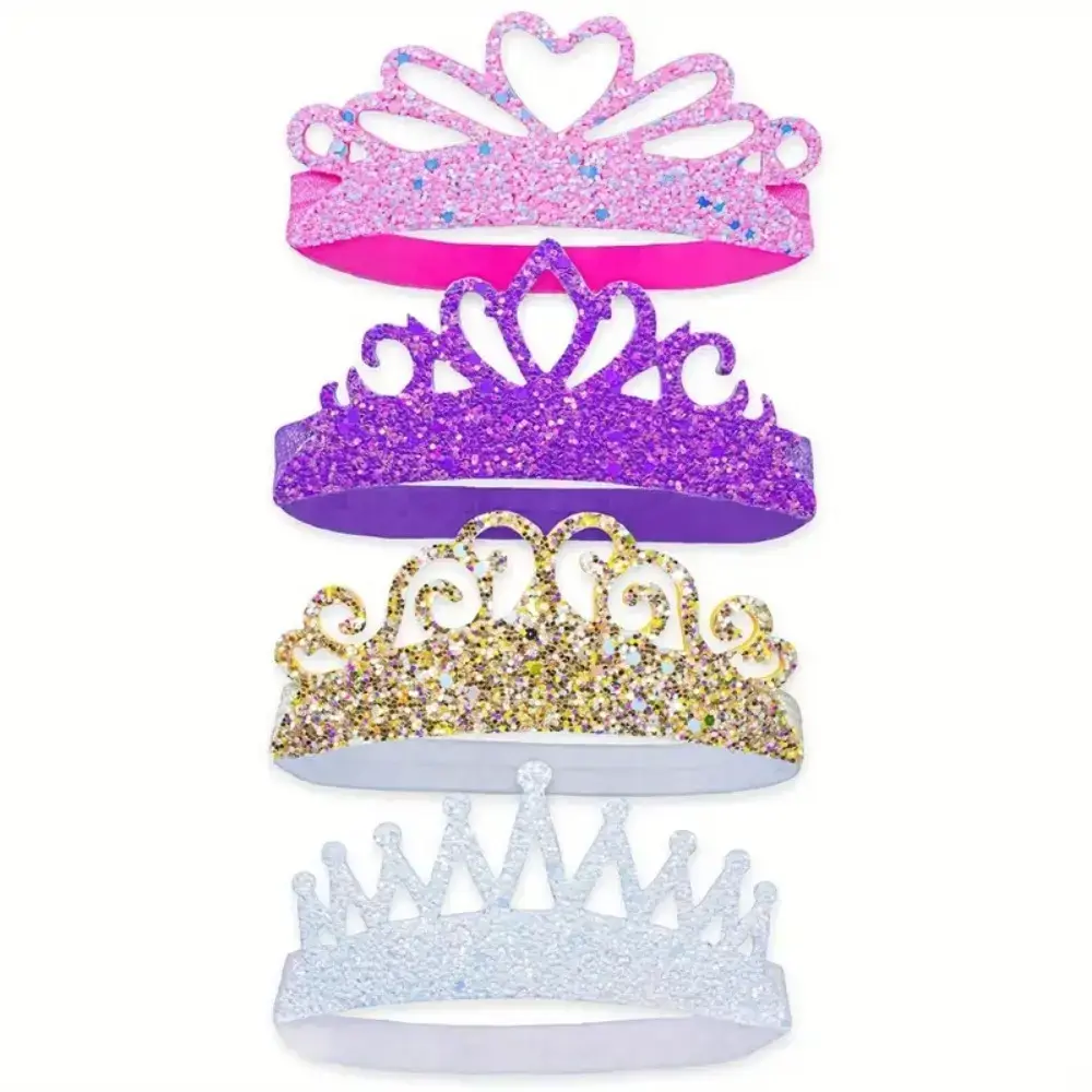 4 PCS Glitter Headbands for Girls, Elastic Princess Crown Hair Bands for Toddlers, Stretch Sparkly Hair Accessories for Toddler Girl Children