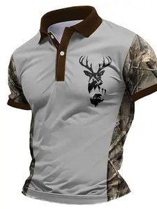 Wild Fashion Camouflage Sleeve Men's Polo Shirt, with Reindeer Pattern, Outdoor Travel Stylish