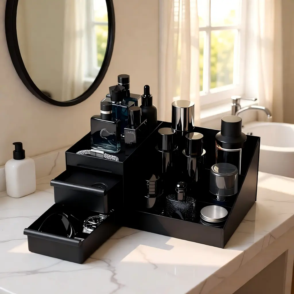 Black 3-Tier Makeup Cosmetic Organizer, Waterproof Desktop Storage for Vanity with 2 Drawers, Moisture-Proof Plastic Holder for Skincare, Cosmetic Trolley Box