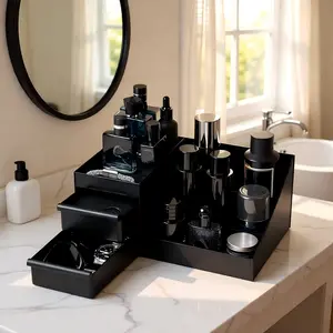 Black Premium Vanity Organizer for Men | 3-Tier Storage for Cologne, Skincare & Grooming | Waterproof & Easy to Clean | Ideal Gift for Men
