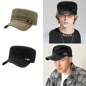 Unisex 2-Piece Adjustable Washed Cotton Retro Flat Top Protective Cap, Breathable Mesh Back Cadet Cap for Outdoor Activities & Street Photography