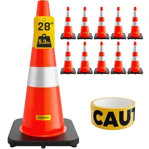 CAMMOO 6-10 Pack 28 Inch Traffic Cones with Black Base, from -22℉ to 131℉, MUTCD-Compliant Orange Safety Cone with Reflective Collar ＆ Extra Caution Tape for Parking Lot, Construction Work, Road Safety