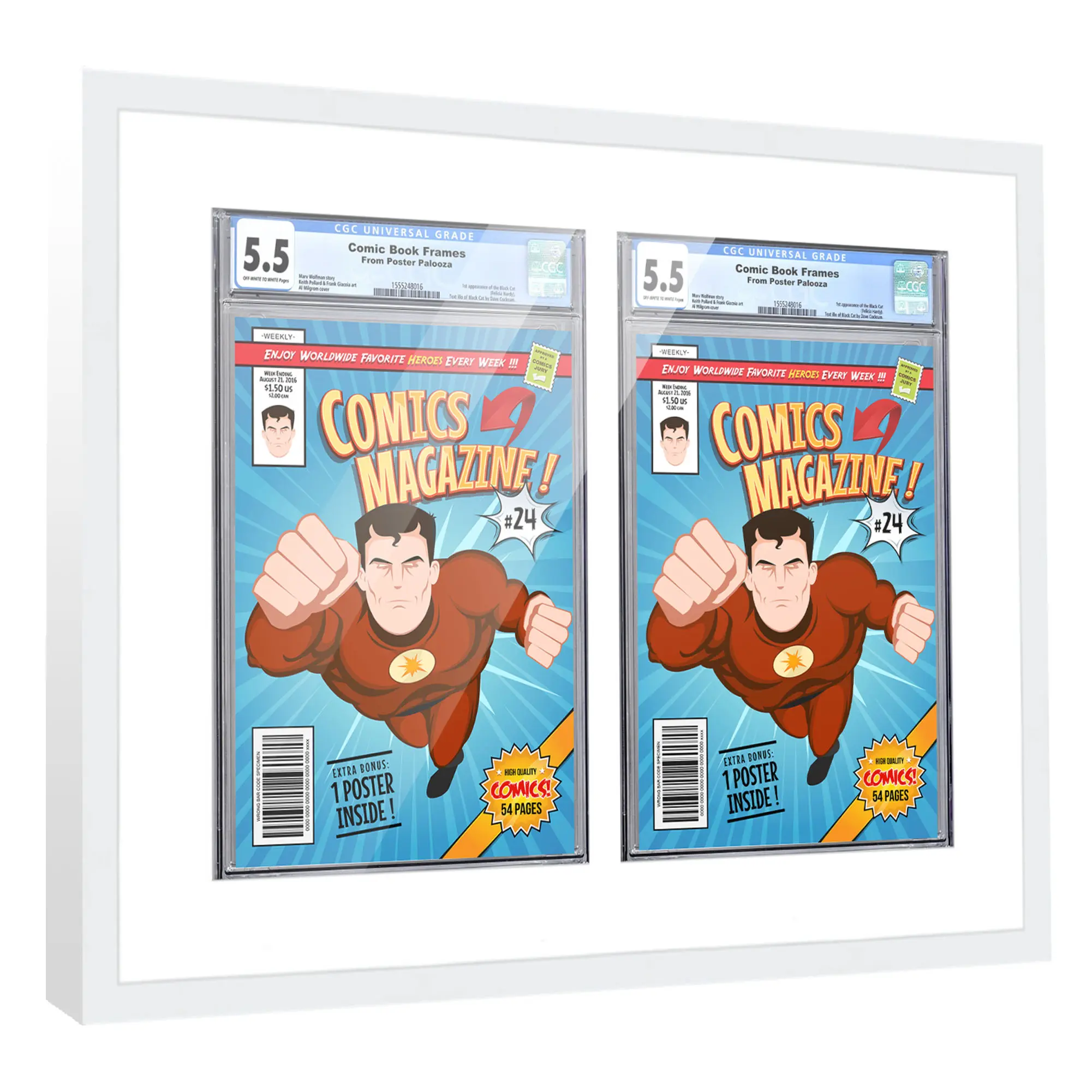 Comic Book Frame with Mat for 2 Graded Comics - White Wood Comic Frame With White Mat for 8.125x13 Comics - 17x21 Frame Size