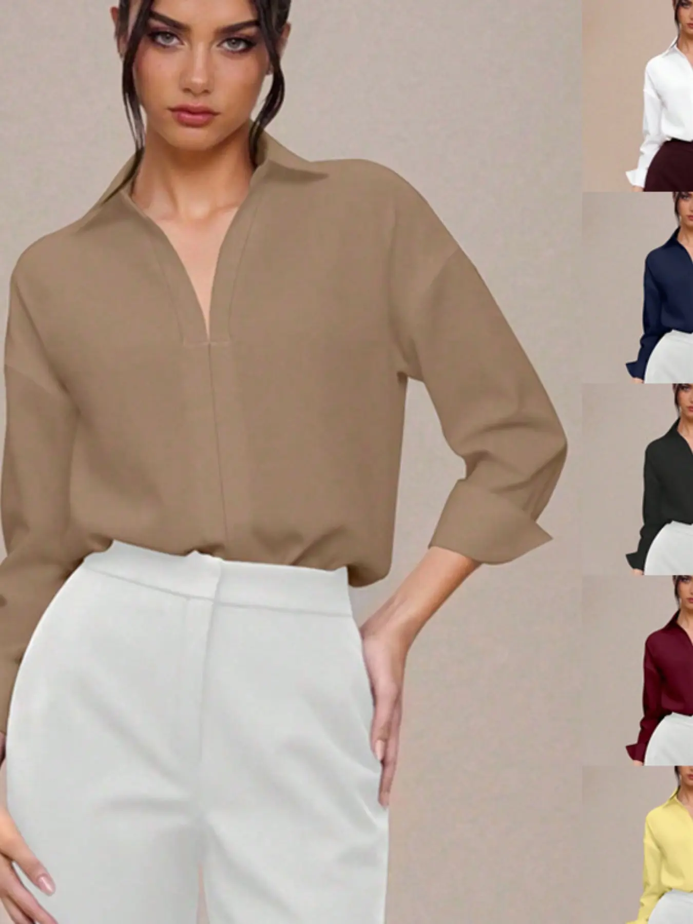 Office Siren Professional Style Collared Bodysuit, High-End Deep V Fitted Long Sleeve Shirt Top, European and American Anti-Slip Design, No Tie Waist, Formal