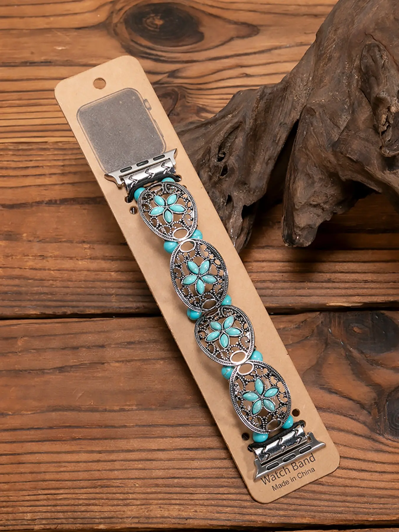 Boho Zinc Alloy Apple Watch Band, Smartwatch Strap, Aesthetic Vintage Hollow Out Floral Design with Turquoise Accents, Stretchable Fit for Multiple Sizes, Luxury Style, Smart Watch Straps, Wearable Accessories