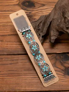 Boho Zinc Alloy Apple Watch Band, Vintage Hollow Out Design with Turquoise Accents, Stretchable Fit for Multiple Sizes, Luxury Style