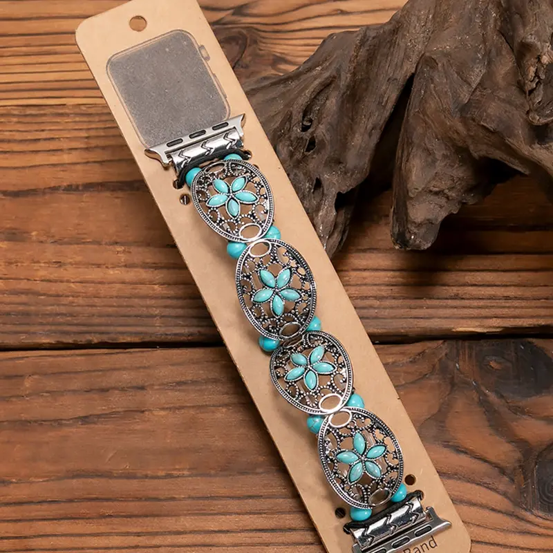 Boho Zinc Alloy Apple Watch Band, Smartwatch Strap, Aesthetic Vintage Hollow Out Floral Design with Turquoise Accents, Stretchable Fit for Multiple Sizes, Luxury Style, Smart Watch Straps, Wearable Accessories