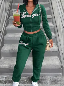 Women's Sweet - Edgy Letter - Print Hooded Crop Top & Jogger Pants Set