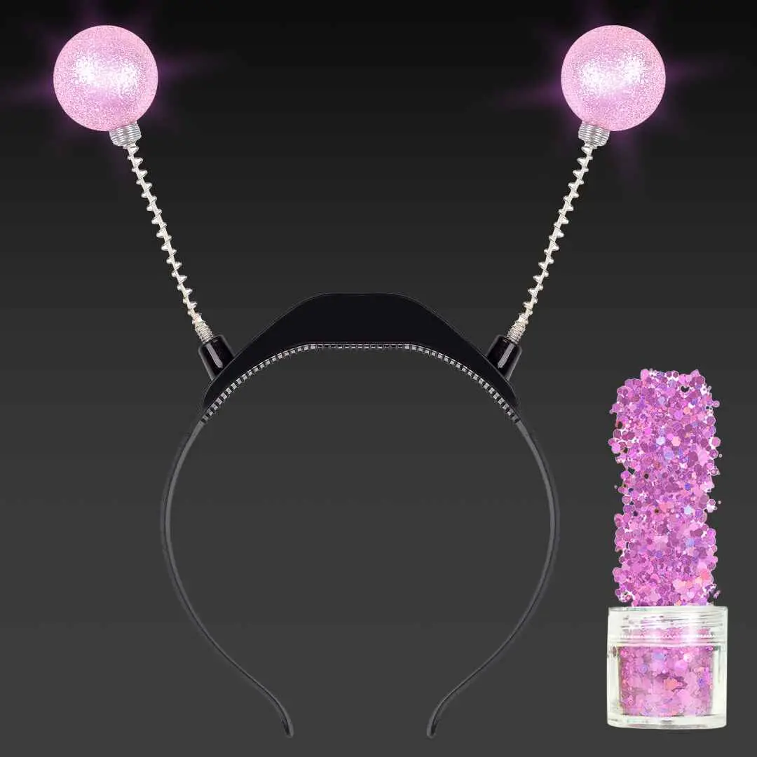 Light Up Pink Alien Headband with Chunky Glitter - Alien Costume Accessories for Women - FUNCREDIBLE