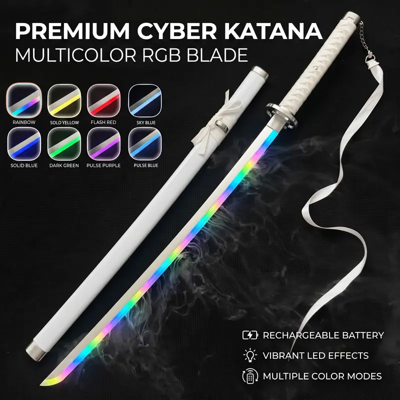 Durable ABS Anime Sword Prop Toy for Ages 12+, 10 Color-Changing LEDs, Mist Effect, Built-In Fogger & Batteries, USB Rechargeable, Scabbard, Minimalist Wall Decor Gift (Demon Slayer, Bleach, 1 Piece)