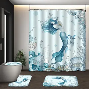 LVRLVR 4Pcs Watercolor Mermaid & Underwater World Print Nautical Floral Multi-Color Shower Curtain Set 70.8×70.8 Inch