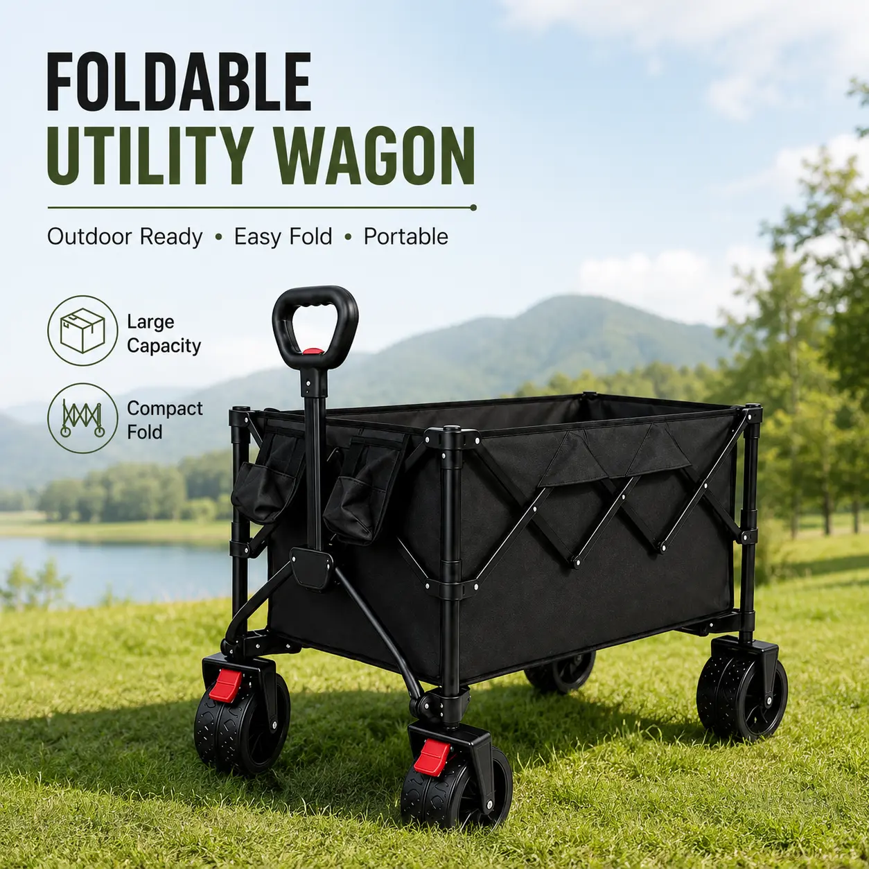 Heavy-Duty Collapsible Folding Utility Wagon Cart with All-Terrain Wheels, Brake, Portable Large Capacity for Camping, Grocery Shopping, Gardening