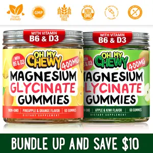 OH MY CHEWY Magnesium Glycinate Gummies Bundle – 2 Bottles (60 Each) – Apple Kiwi & Pineapple Orange Healthy Snacks