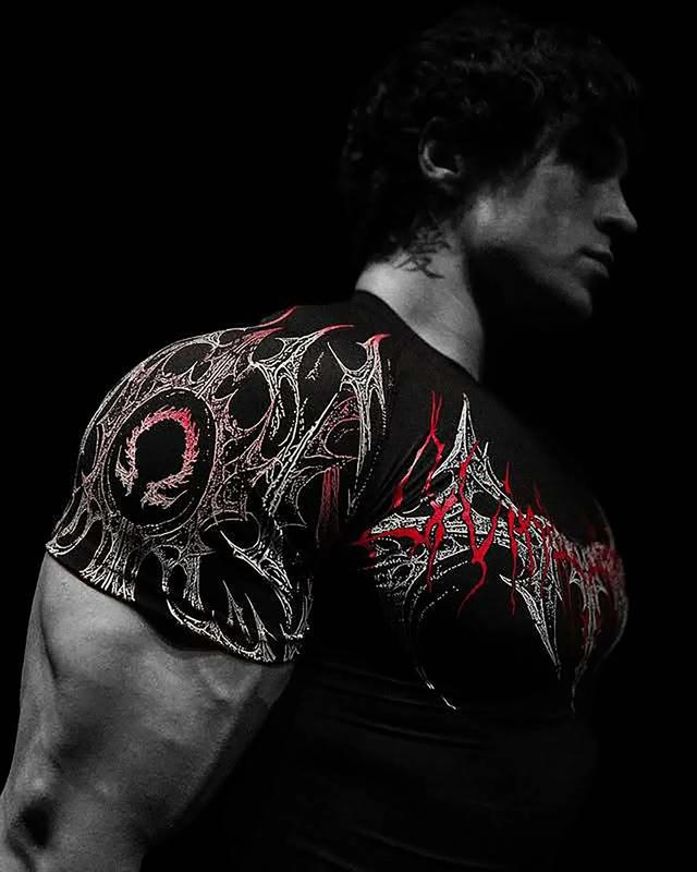 GYM T-shirt Men's Dark Gothic Print Muscle Tee  High Elasticity And Quick Drying Exercise For Bodybuilding Training 2025 Summer