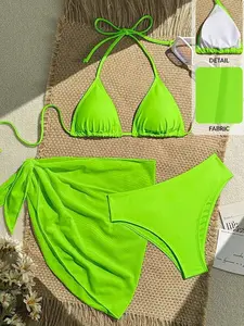 3-Piece Neon Green Halter Bikini with Skirt - Floral Print Summer Beachwear - Vibrant Tropical Style