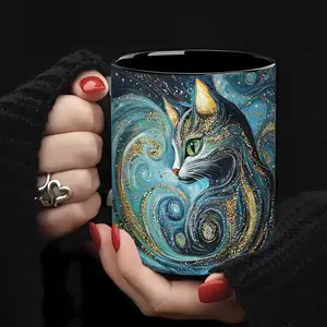 Fantasy Art, Ceramic Mug, Cosmic Cat Design With Swirling Galaxies And Gold Accents, Hand-Painted Glazed Finish, For Cat Lovers And Art Enthusiasts, 11 Oz Single Piece