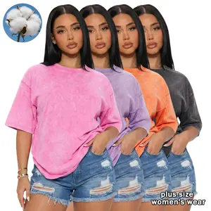 Women’s 4-pack pure cotton T-shirts, washed with a distressed finish, solid colors—soft, casual, loose fit, crew neck, short sleeves; suitable for outdoor sports and home wear.