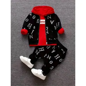 Boys' Spring/Fall Alphabet Print Hoodie Jacket & Pants Set - Stylish Cool Three-Piece Outfit for Casual Wear