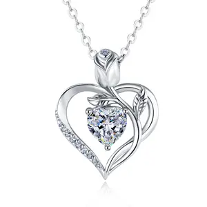 1.2CT Rose Heart Necklace Option of Moissanite or Lab-Grown Sapphire Ruby Emerald&More Necklace for Women Birthstone Girlfriend Necklace S925 Sterling Silver 18K White/Rose Gold Plated D Color VVS1 Gift for Wife Mother Daughter for Birthday Anniversary