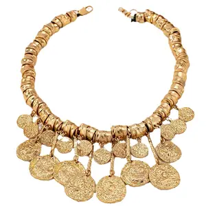 Long tassel chunky chain bohemian style coin necklace, women's gold handmade necklace, vintage tassel irregular design.