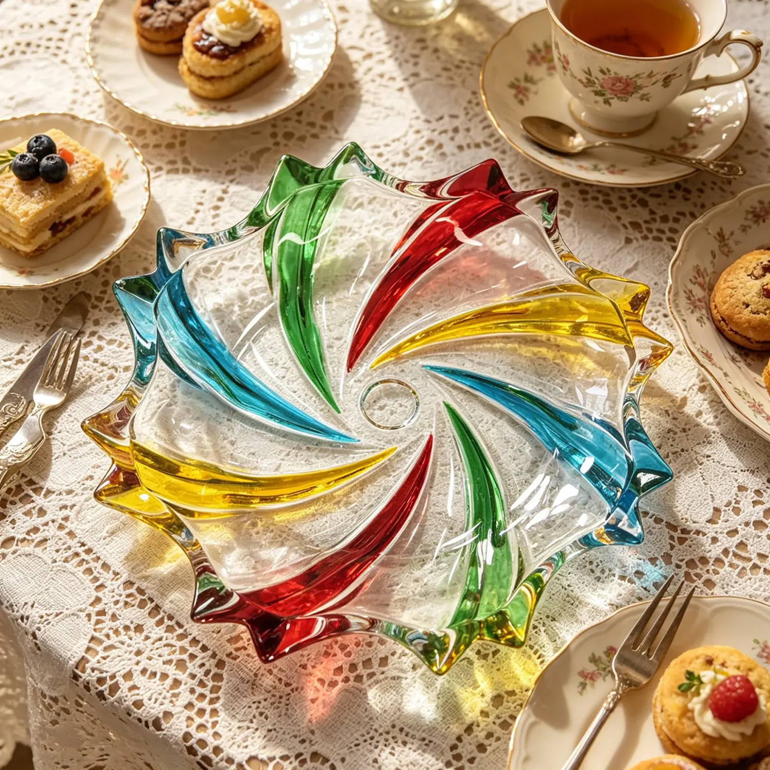 1pc-2pc Artistic Swirl Design Colorful Glass Serving Plate, Wavy Edge Fruit Platter, Vanity Tray for Snacks, Coffee Table Accent with Beautiful Light Reflection