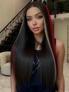 13x4 Black Skunk Stripe Blonde & Red Highlight Synthetic Lace Front Wig, Realistic Illusion Hairline, Long Straight Hair, Red & Black Mixed Color Lace Front Wig, Suitable for Halloween and Cosplay, Synthetic Material Wigs