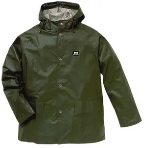 Helly Hansen Size XL Army Green Rain Jacket 2 Pockets, 44-46" Chest, PVC & Polyester, Snap Closure 70129_480-XL