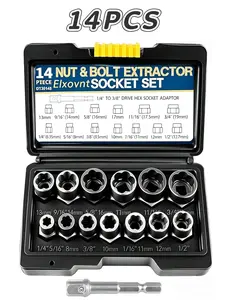 14 Piece Impact Bolt & Nut Remover Set,Bolt Extractor Tool Set, 13+1 Counts Impact & Nut Remover ,Multifunctional Nut Extractor Set, 1/4" to 3/8" Set for Removing Damaged,Frozen,Rusted,Rounded-Off Bolts,Nuts and Screws,Rugged Construction
