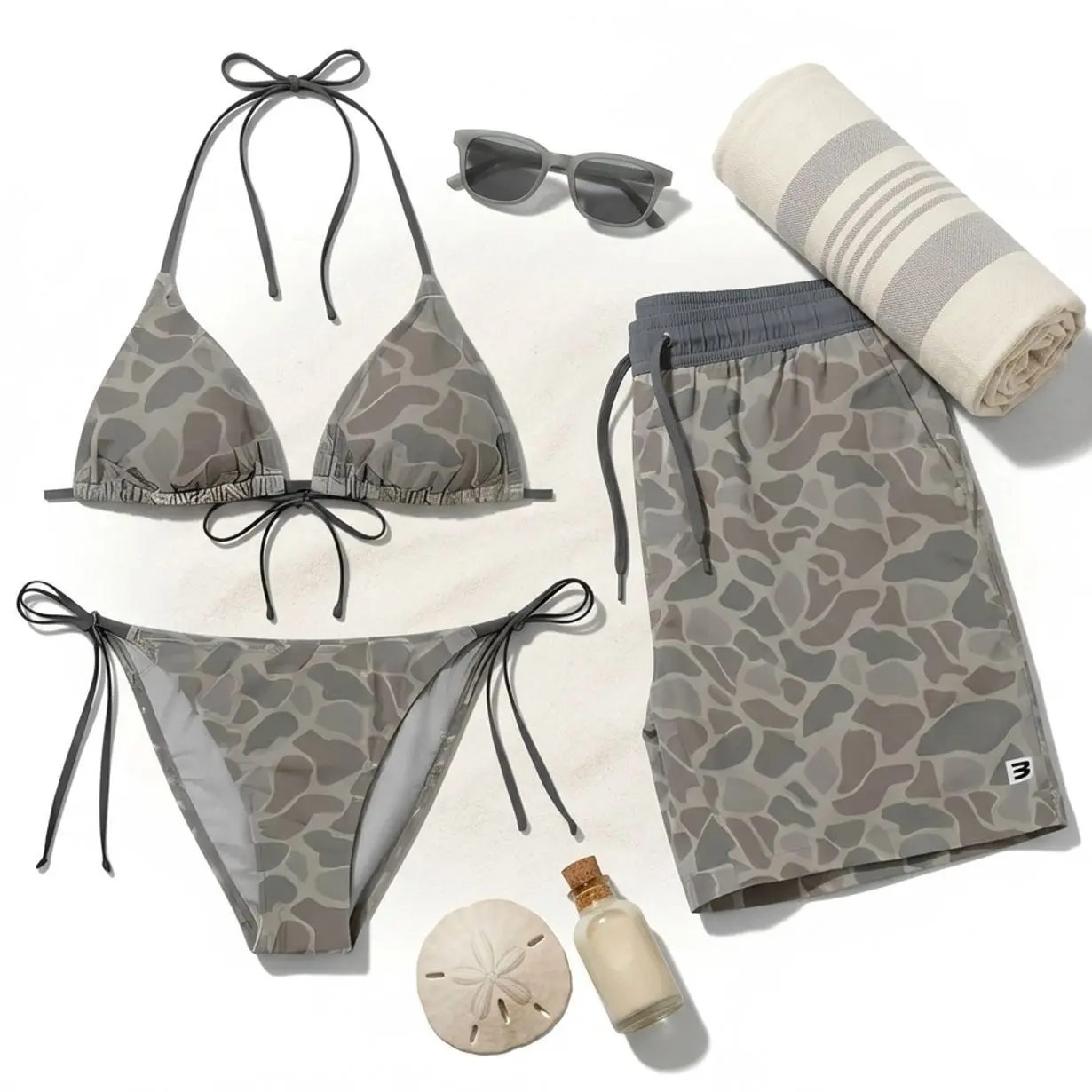 Bottomland Camo Matching Couple Swimsuits Set, BF and GF Matching Swimsuits, BF and GF Swimsuits, Panther Pattern Printed Bikini Set for Women, Swimwear Set for Couples, Couple Trendy Bikini And Hawaii Short, Summer Beach Vacation Outfit